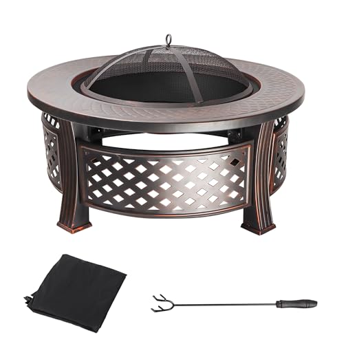 32-Inch Round Fire Pit Table, Metal Wood Burning Fireplace/Firepit with Fire Grate, Spark Screen Lid, Steel Bowl, Poker by Classy Home - Used condition - US$85.70