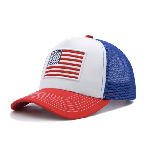 Image of American Flag Trucker Hat for Men Women, Adjustable Snapback Mesh USA Flag Baseball Cap
