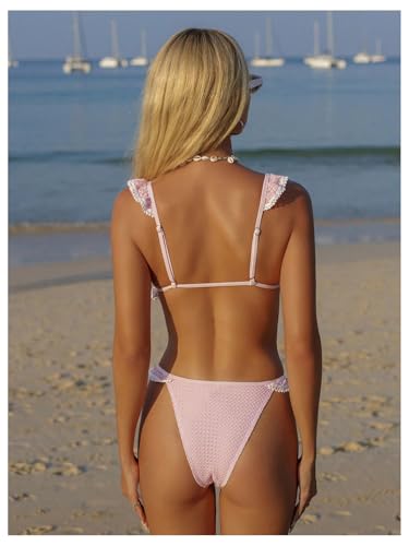 Milumia Women's 2 Piece Bikini Set Ruffle Trim Waffle Knit Tie Front Deep V Neck Swimsuit3
