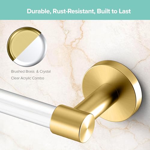 Image of Gatco 5731 Clarion Towel Bar | 18 inch L Bathroom Towel Rack, Wall Mount Bathroom Towel Holder | Crystal-Clear Acrylic & Brushed Brass Finish