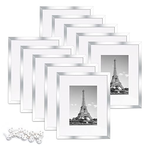 Upsimples 8X10 Picture Frame Set Of 10, Display Pictures 5X7 With Mat Or 8X10 Without Mat, Multi Photo Frames Collage For Wall Or Tabletop Display, Silver #TOP6