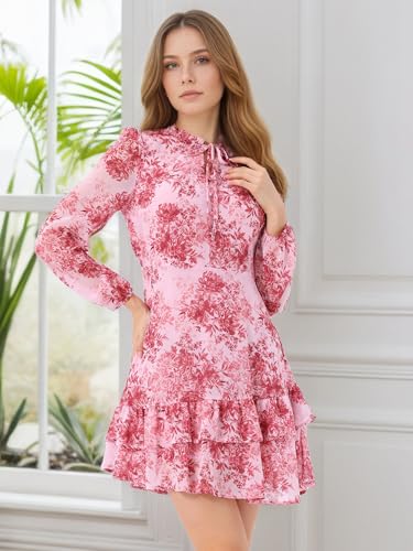 Image of Allegra K Women's Spring Dresses 2026 Tie V Neck Semi Sheer Long Sleeve Layered Tiered Chiffon Mini Floral Dress