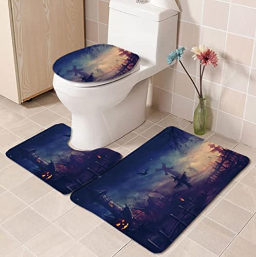 Citrouille De Nuit d'halloween Antidérapant Tapis de Salle de Bain Ensemble de 3 Pièces Motif Ensemble de Salle de Bain Tapis WC Couverture de Toilette Siège pour Contour Tapis Salle de Bain Cover