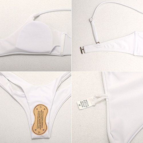 Womens Bikini Set Swimwear Brazilian Padded Top Swimsuit Solid Color Triangle Bottom White Medium - Thumbnail 4