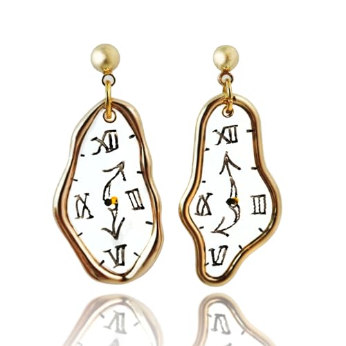 WLWDBY Handmade Dali clock earrings - Hand - drawn Roman numerals，Melting Clock Design，925 silver 14K gold-plated ear hooks，艺术垂坠耳环，独特女性礼物