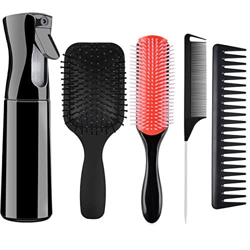 MRTREUP 5Pcs Hair Brushes for Women, Hair Comb for Women and Detangling Paddle Brush with Mist Spray Bottle for Wet or Dry Hair, Rail Tail Comb Set for Straight Long Thick Curly Natural Hair