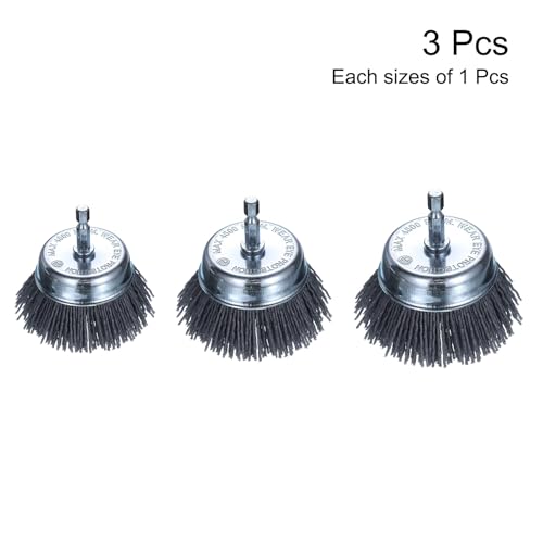Image of HARFINGTON 3pcs Nylon Filament Wire Wheel Cup Brush for Drill, Abrasive Brushes Set with 1 /4 inch Hex Shank, 1 inch,2 inch,3 inch, Used for Rust /Corrosion /Paint Removal and Scrub Surface