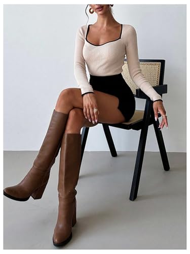Image of Floerns Women's Contrast Binding Sweetheart Neck Knit Pullover Tops Long Sleeve Sweater Apricot Small