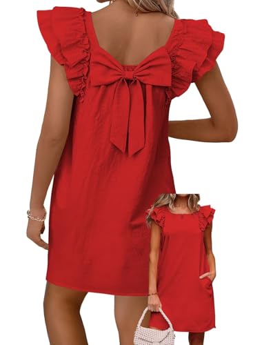 Image of Falechay Womens Summer Dresses Bow Tie Back Sundresses for Women Ruffle Short Sleeve Dress Casual Cute Sundress with Pockets