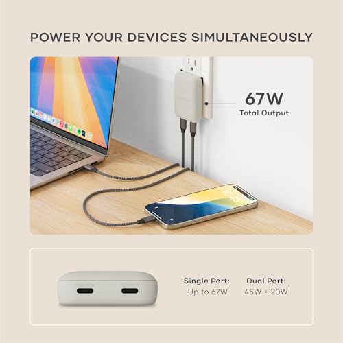 Image of Satechi OntheGo 67W Wall Charger, GaN USB-C Travel Charger (PD 3.0+PPS), 2 USB-C, 67W(1) /45W+20W(2), for MacBook Air /Pro /Neo, iPad Air /Pro, iPhone 17, Galaxy, Pixel, Steam Deck - Sand