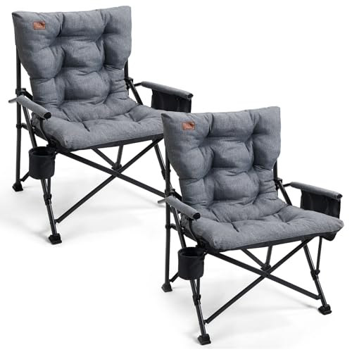 Image of EVER ADVANCED Padded Oversized Folding Camping Chair for Adults, Heavy Duty Lawn Chair with Side Pockets, Portable Collapsible Quad Chair for Outside, Support Up to 500lbs, Grey 2Pack