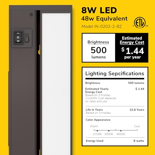 Image of GETINLIGHT 18-Inch Swivel LED Under Cabinet Light, 3-CCT Selectable, Bronze | Choose from 2700K, 4000K, or 5000K. Glass lens, wall-dimmer compatible. Model: IN-0202-2-BZ