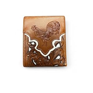 Mens Floral Cowboy Rooster Gallo Embossed Cowboy Western Leather Wallet High End Cut Out Layered Leather Style Mens Wallets Leather Bull Rider Rodeo Gifts For Men (Brown White)