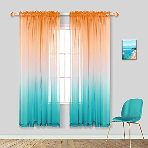 Pitalk Orange Sheer Curtains for Bedroom Beach Themed Summer Coastal Curtains for Living Room 63 Inch Length Orange and Teal Turquoise Cover