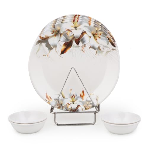 Image of Golden Fish Melamine Round Dinner Plate & Bowl Set of 8 (4 Plates + 4 Veg Bowls) | Grey Floral Print | Unbreakable, Dishwasher & Microwave Safe