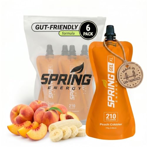 Spring Energy Honey Banana Peach Energy Gel - Real Food Running Gel 210 Calories Peach Cobbler Flavor - 50g of Carbs No Rice Syrup or Maltodextrin (6 Pack)