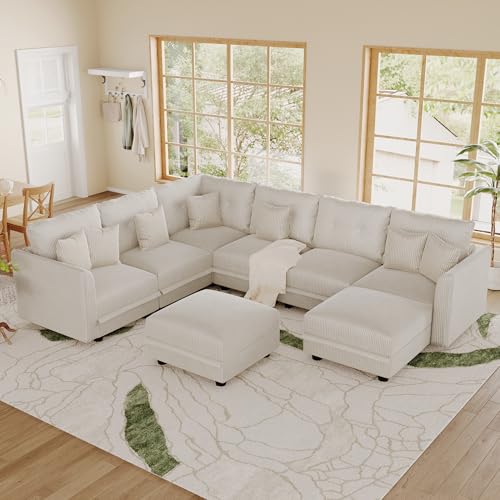 Image of LLappuil Modular Storage Sectional Sofa with Ottoman, U Shaped 8-Seat Corduroy Couch with 7 Throw Pillows, Convertible Sofa Set for Living Room, Skin-Friendly & Soft, Scratch Resistant, Beige
