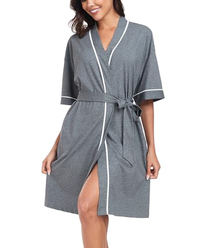 Image of ANLIQI Womens 100% Cotton Robes Lightweight Summer Short Sleeve Lady Bathrobe Knee Length Kimono Robe Sleepwear with Pockets