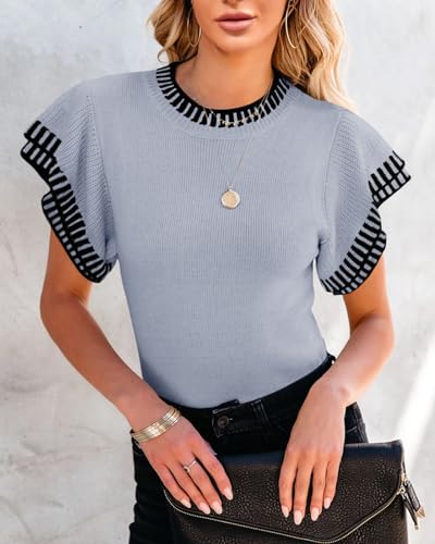 Image of Saodimallsu Womens Short Sleeve Sweater Summer Striped Top Soft Knit Shirts | Ruffle Sleeve,Loose,Crew Neck,Lightweight,Casual,Work,Spring,Womens Tops,Pullover,Fall