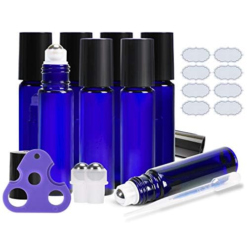 ULG Roll on Bottles 10ml Blue Glass Empty Bottles 8 Pack with Stainless Steel Roller Ball 2 Extra Balls 8 Piece Waterproof Labels 1 Opener and 3ml Dropper for Essential Oils