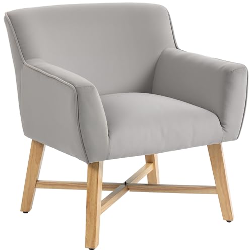 HOMCOM Butaca de Salón Tapizada en Terciopelo, Sillón de Salón Moderno Acolchado, Patas de Madera, Reposabrazos, Base Cruzada, Sillón Relax para Dormitorio, Oficina, Estudio, 67x65x74 cm, Gris Claro