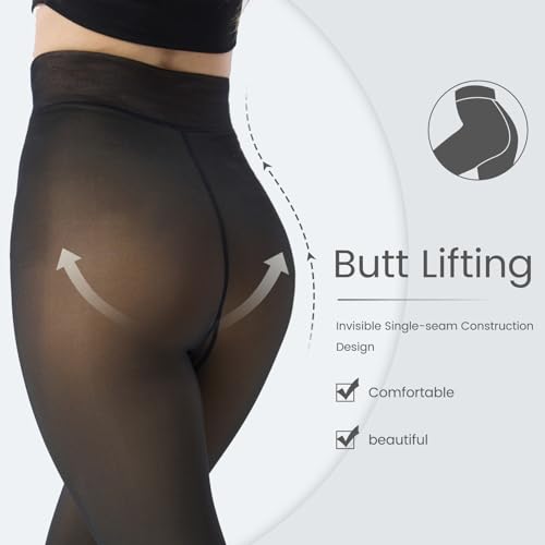 Black Fleece Lined Tights for Women - Plus Size Semi Sheer Leggings Womens - Skin Opaque Winter Warm Thick Stocking Pantyhose3