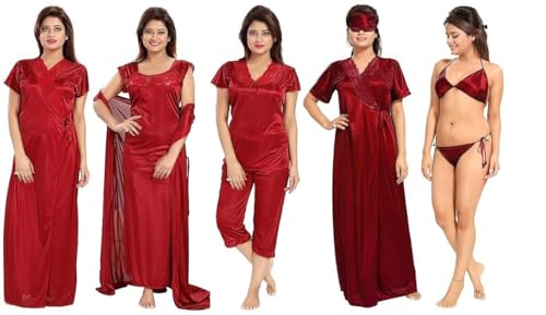 Image of Noty Women's Satin Solid Capri Nightwear Set Pack of 7