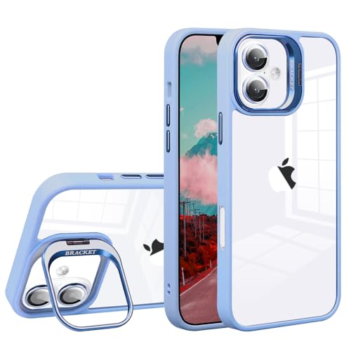 JOOBOY スマホケース 対応 iPhone 16 ケース クリア 透明 レンズスタンド付き スタンド機能 レンズカバー付き PC背面+TPUバンパー おしゃれ 耐衝撃 ストラップホール付き アイフォン16 携帯電話ケース (ブルー, 16)