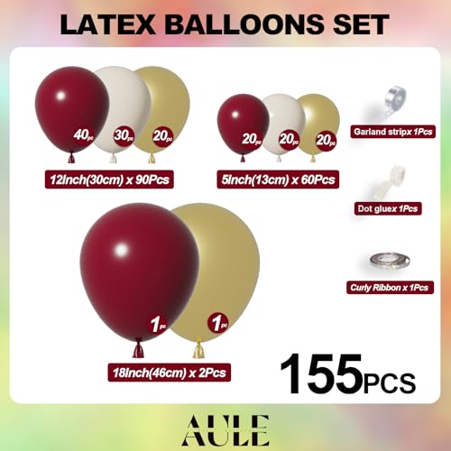 Image of AULE 155Pcs Burgundy Balloon Arch Kit Gold Sand White Balloons | Maroon Balloon Garland for Birthday Wedding Graduation Anniversary Bridal Shower Theme Party Decoration