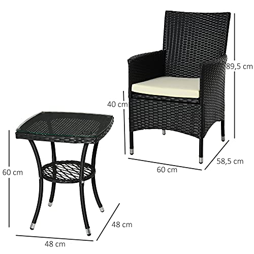 Outsunny Conjunto de Muebles para Jardín Juegos de Muebles de Ratán Incluye 1 Mesa y 2 Sillones con Cojines Estructura de Metal para Terraza Patio Negro - imagen 7