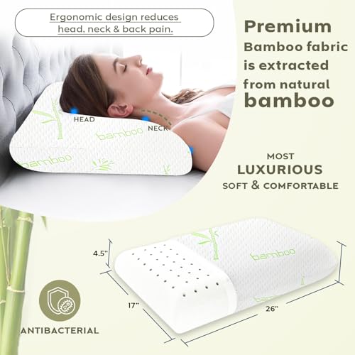 Image of AYKA Bamboo Memory Foam Pillow for Neck & Shoulder Pain | Neck Orthopedic Pillow for Sleeping, Pain Relief & Spinal Alignment | Ergonomic Design | 2 Years Warranty (Set of 2)