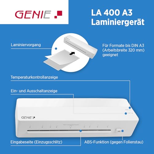 GENIE LA 400 A3 Laminiergerät | Heißlaminator mit 2 Heizrollen | Für Schule, Büro & Home-Office | | inkl. 5 Laminierfolien | Laminiergerät A3 und A4 mit Folien | Laminiermaschinen
