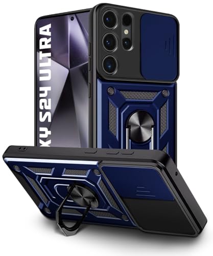 Image of WOW IMAGINE Tough Armor Bumper Mobile Back Case for Samsung Galaxy S24 Ultra 5G | Sliding Camera Shield Cover | Shock Proof 360 Protection | Hybrid PC + TPU | Ring Holder with Kickstand - Blue