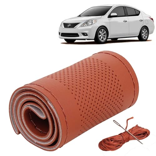 Image of KINGSWAY PU Leatherite Car Steering Cover Sewable Compatible with Nissan Sunny (Year 2011-2014), Tan Color with Tan Thread, Pack of 1 with Sewing Needle and Thread