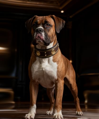 Hundehalsband Leder, 5 cm Breites Robustes Echtes Lederhalsband, Handgefertigt, Weich und Luxuriös, Auffällige Beste Wahl für Große und Mittelgroße Hunderassen, Gold-Braun M