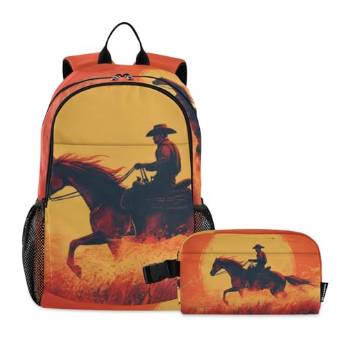 Travel Backpack Lunch Bag Set for Hiking Picnic, Backpacks with Insulated Lunch Box Sunset Cowboy Print