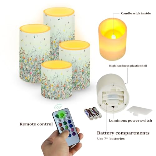 Image of Flameless LED Candles Electric Pillar Candles with Remote Timer Color Changing Control Long Lasting Pack of 4 for Table Centerpiece Home Indoor Decoration, Flower Butterfly Blue