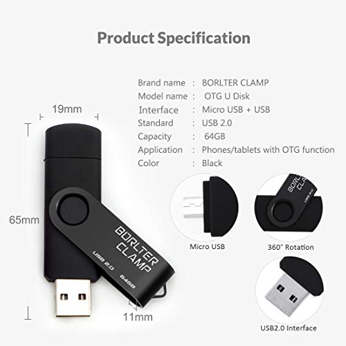 Image of BorlterClamp 64GB USB Flash Drive Dual Port Memory Stick, OTG Thumb Drive with Micro USB Drive Port for Android Smartphone Tablet & Computer (Black)