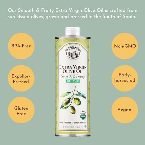 Image of La Tourangelle, Organic Extra Virgin Olive Oil, Cold-Pressed Early Harvest EVOO from Spain, Smooth & Fruity, 33.8 fl oz (1 Liter) - Spanish with Polyphenols for Cooking, Drizzling, Marinades, and Dipping