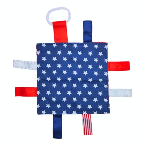 Baby Jack & Co 8x8” American Flag Lovey Patriotic Tag Toy - Crinkle Toys for Development of Five Senses - Soft & Safe - God Bless America - Military Child - BPA Free Clip for Stroller Toy