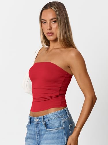 Trendy Queen Womens Cute Summer Tube Tops Going Out Strapless Ruched Backless Sleeveless Bandeau Y2k Clothes 20253