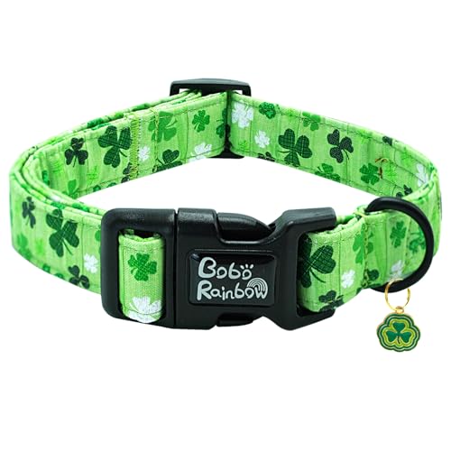 Image of St Patrick's Green Trefoil Print Dog Collar for X-Small Dogs | Daily Walks,Irish Parade,Spring Picnic Hiking,Adjustable,Cotton Fabric,Quick Release Plastic Buckle,Pendant,Female /Male Dog