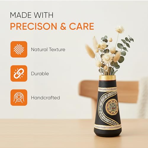 Image of Aakriti Art Creations Ethnic Elegance Vessel | Handcrafted Terracotta Warli Art Vase | Matte Finish Black Decorative Vase for Living Room Decor, Table Decor, Shelf Decor & Gifting