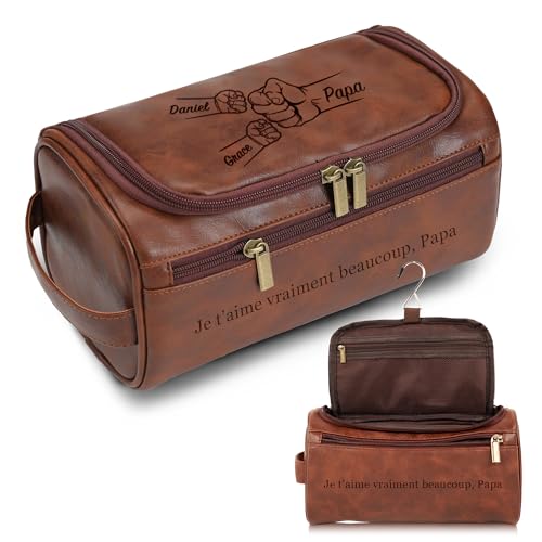 Easycosy Trousse de Toilette Homme Personnalisée - Cadeau Fete des Peres Papa - Sac Organisateuer de Toilette Trousse avec Crochet en Cuir PU pour Voyage...
