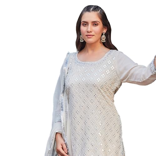 Image of BIBA Poly Georgette Embroidered Straight Casual Kurta With Sharara And Dupatta