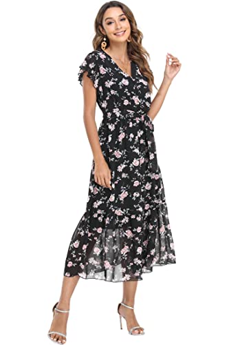 Image of VintageClothing Womens Sundress Casual Floral Summer Boho Dress | Flowy Wrap V Neck Ruffle A-Line Pleated Hem Midi Dresses