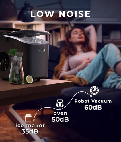 ecozy Portable Countertop Ice Maker - 9 Ice Cubes in 6 Minutes, 12kg Daily Output, Self-Cleaning with Ice Bags, Scoop, and Basket for Kitchen, Office, Bar, Party - Black