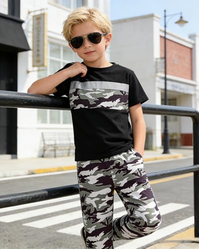 Image of OLMRJKD Boys 2 Piece Outfits Color Block Clothes Short Sleeve T Shirt and Camouflage Pants Summer Clothing Sets