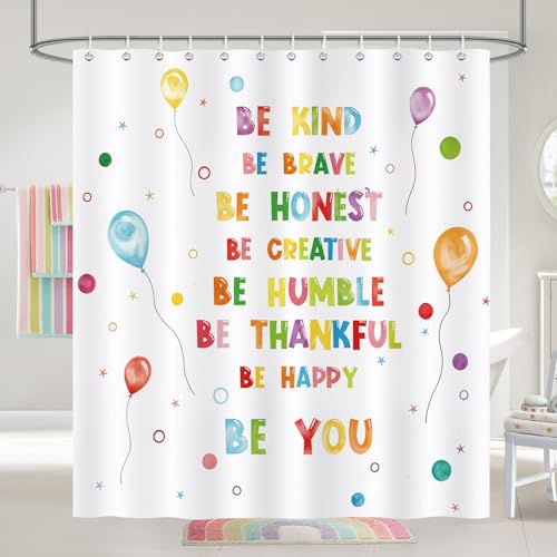 COZZSNUGE Duschvorhang 180 x 180 cm Inspirierende Zitate, Luftballon Positiv Kinder Duschvorhänge Anti-schimmel Wasserdicht Polyester Badvorhang mit 12 Duschvorhangringen