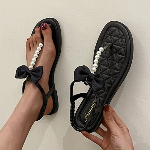 Sandales Plates pour Femmes avec Strass été Décontracté Nœud Papillon Perlé Bande élastique Tongs Sandales Bout Rond en Cuir Tongs Mode Confort Bohême Chaussures Cover